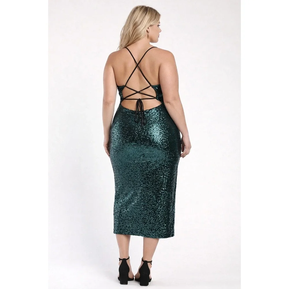NWT Lulus Sequin Midi Dress‎ XL Teal Lace Up Back Sparkling Party Prom Stretch